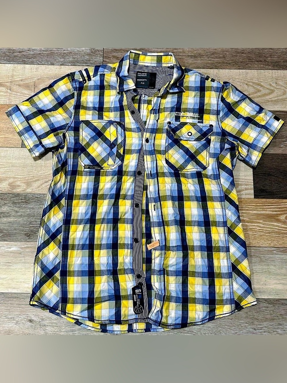 Men's Short-Sleeve Plaid Button-Up Shirt - Yellow & Blue